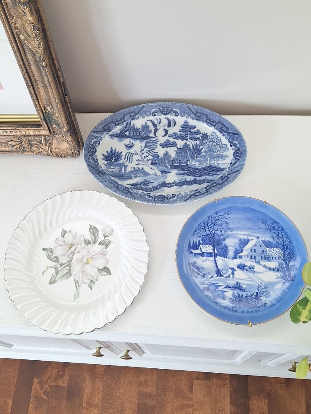 3 Vintage Blue White Plates dinner wall hanging currier Ives Johnson bros willow